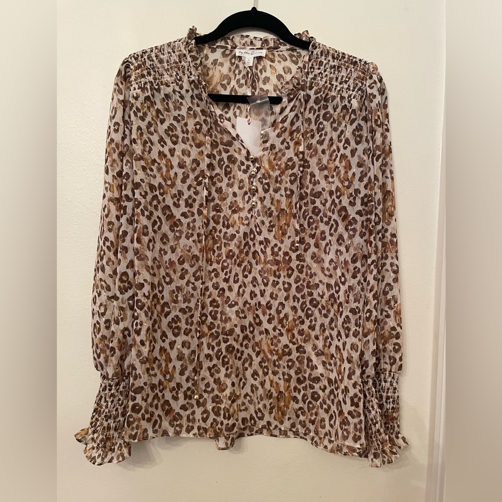 NWT Leopard Print Blouse with Ruched Sleeve Cuffs Size L